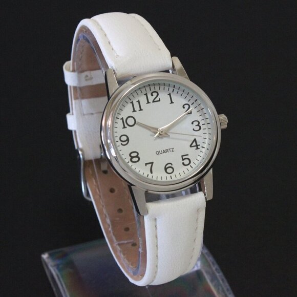 Ladies Easy Reader Dress Watch Silver Tone White Strap Arabic Numerals 28mm - Picture 2 of 12